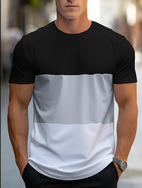 Trendy Color Block T-shirt, Men's Casual Street Style Stretch Round Neck Tee Shirt